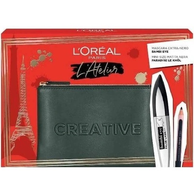 L'Oréal Комплект Atelier Kit LOreal Paris: Bambi Eye Lash Defining Mascara Extra Black 89 ml + Paradise Kajal молив за очи 12 g + текстилна чантичка за гримове черна