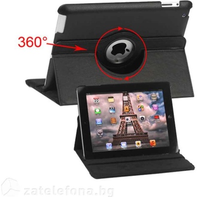Кожен калъф за iPad4 iPad 3 с въртяща поставка - черен