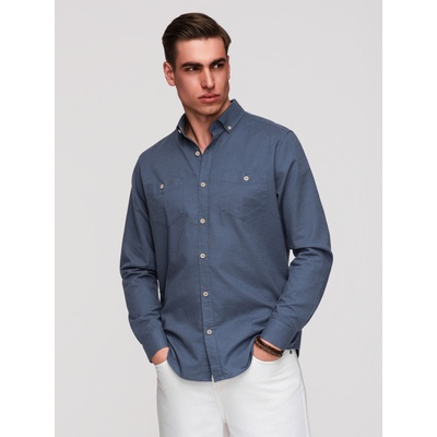 Ombre Clothing Мъжка ленена риза с класически ръб и джобове REGULAR FIT - синя V4 OM-SHCS-0134 Ombre Clothing Ombre Clothing | Sin | МЪЖЕ | S