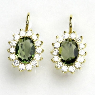 Čištín Zlaté náušnice Kate, žluté i bílé zlato, přírodní vltavín - NK 1507