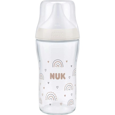 Nuk Стъклено шише със силиконов биберон NUK Perfect Match - TC, 230 ml, размер M, 3 м+, Дъга (10212056)