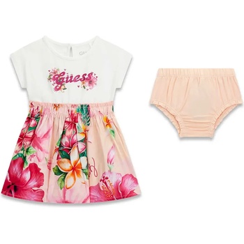 Guess Нежна памучна рокля за бебе момиче с цветя и розов надпис Guess с глитери