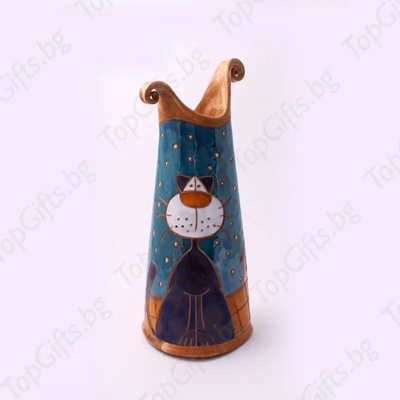 Керамична ваза синя с котка