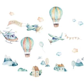 INSPIO Nálepka Nálepky na stenu pre chlapca - Modré lietadlá a balóny autá a dinosaury, balóny, samolepky s menom, domy a kopce, akvarelové nálepky modrá, krémová, plnofarebný motív rozmery 90x90