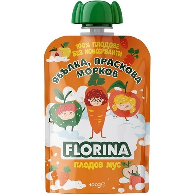 FLORINA 8бр. ПЛОДОВ МУС ФЛОРИНА ЯБЪЛКА, ПРАСКОВА И МОРКОВ