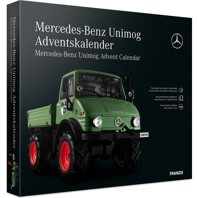 FRANZIS 55406 Mercedes-Benz Unimog Adventný kalendár zelený kovový model v mierke 1:43 vrátane zvukového modulu a 52-stranovej sprievodnej knihy