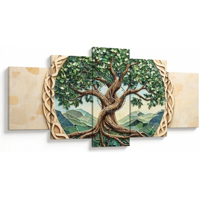 Obraz – Prepletený strom života (s hodinami), päťdielne 150x80 cm s hodinami