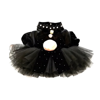 Tiger`s Heart Елегантна черна рокля за кучета с тюл и перли