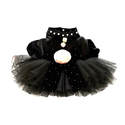 Tiger`s Heart Елегантна черна рокля за кучета с тюл и перли