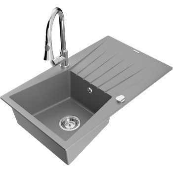 Mexen Cesar гранитна мивка с 1 отделение и отцедник и кухненски смесител Elia, сив - 6514-71-670101-00 (6514-71-670101-00)