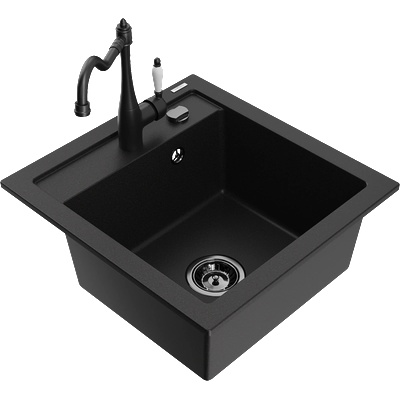 Mexen Vito гранитна мивка с една камера с кухненски смесител Carla, черен - 6503-77-670700-70-B (6503-77-670700-70-B)