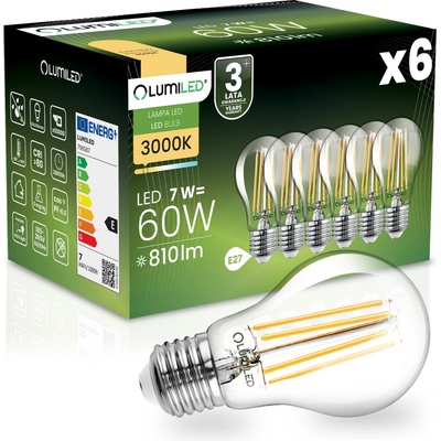 Lumiled 6x LED žárovka E27 A60 7W = 60W 806lm 3000K Teplá bílá 360° Filament