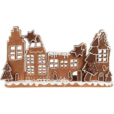 Hnědý plastový svícen na čajovou svíčku ve tvaru domečků z perníku s hvězdičkami a stromy – 27x9x15 cm