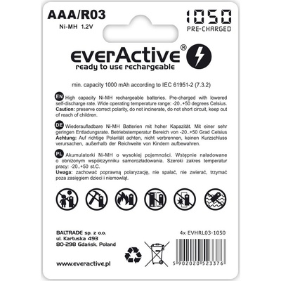 EVERACTIVE PROFESSIONAL LINE R03 / AAA, Dobíjateľné Ni-MH 1050 mAh batérie, 4ks