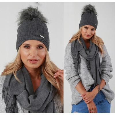 Fashionweek dámská zimní čepice s bambulí flísová podšívka ZIZI-V13 grafitová