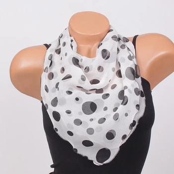 Image 1 of Копринено бяло фишу с черни точки