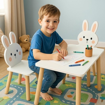 Pepita дървена детска маса със столове - Bunny - бяло-кафяво (KF-CWSB02)