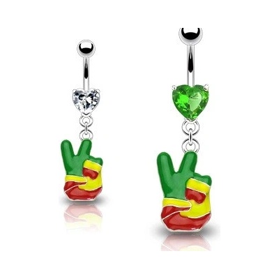 Šperky eshop piercing do pupku rasta ruka symbol "PEACE" srdcové zirkony Y12.3 čirá C
