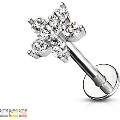 Šperky eshop piercing do brady rtu nebo ucha květ s čirými zirkonovými okvětními lístky W08.26 měděná čirá