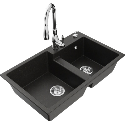 Mexen Tomas гранитна мивка с 2 камери и кухненски смесител Savita, черен/златен металик - 6516-75-672601-00 (6516-75-672601-00)