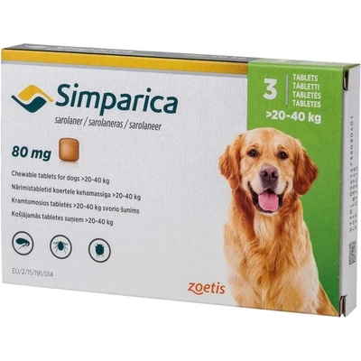 Zoetis Simparica 80 mg Симпарика дъвчащи таблетки за кучета от 20 до 40 kg, 3бр
