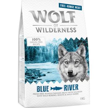 Wolf of Wilderness 1кг Adult Blue River Wolf of Wilderness, суха храна за кучета- свободноотглеждани пилета и сьомга