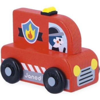 Janod Cross roads Дървена кола за бутане Пожарникари червена