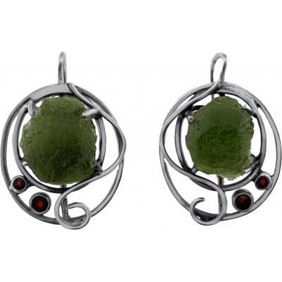 Vltavín Moldavite stříbrné náušnice s vltavíny a granáty 2000325480004