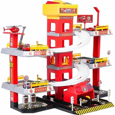 RKToys Víceúrovňové parkoviště Hasičská stanice se světly zvuky a 12 autíčky