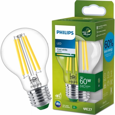 Philips LED žiarovka E27 A60 4W = 60W 840lm 4000K Neutrálne vlákno Ultra Efficient