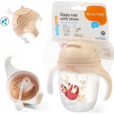 BabyOno nekapající hrneček se zatíženým brčkem 240 ml béžový