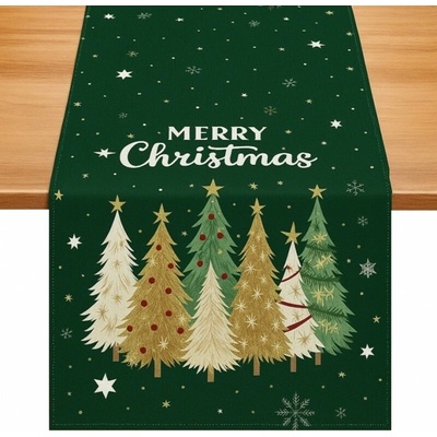 Textilomanie Lněný vánoční běhoun STARLIT TREES 33x180 cm zelený