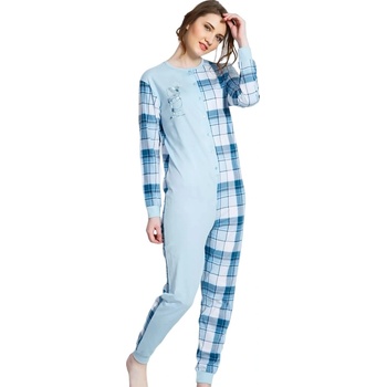 Дамска пижама гащеризон в синьо с кариран десен и мече