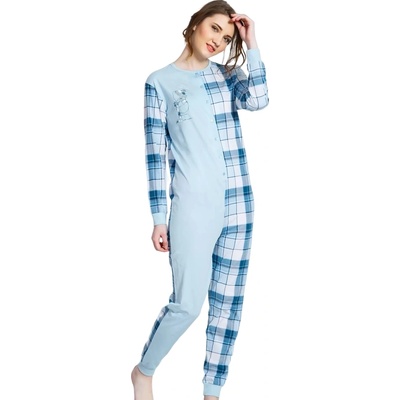 Дамска пижама гащеризон в синьо с кариран десен и мече