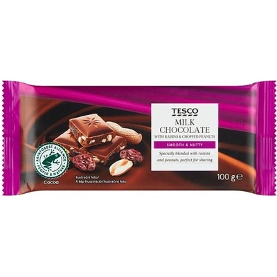Tesco Mliečna čokoláda s hrozienkami a nasekanými arašidmi 100 g