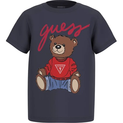 GUESS Тъмно синя тениска с къс ръкав за мини момче с голямо цветно мече и надпис Guess