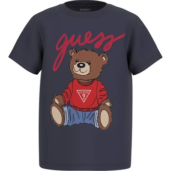 GUESS Тъмно синя тениска с къс ръкав за мини момче с голямо цветно мече и надпис Guess