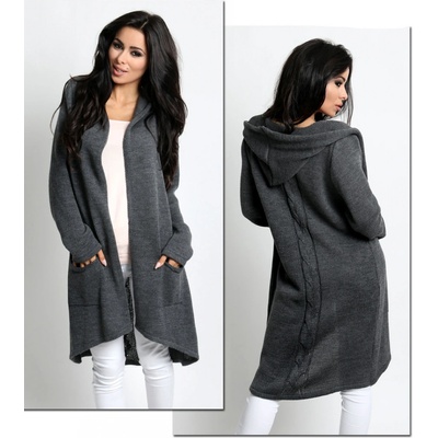 Fashionweek Maxi dlhý farebný sveter cardigan blazer s kapucňu 3681 grafitová
