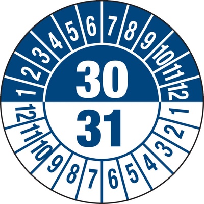 Kontrolná nálepka 30/31, modrá, fólia samolepiaca, 30 mm, BJ = 5 x 15 ks