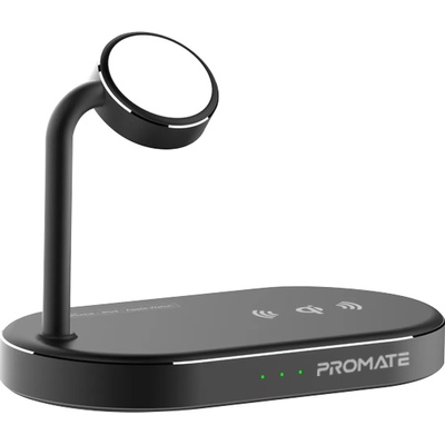 Promate Безжично зарядно ProMate Wavepower, MFi Certified Multi-Device Wireless Charging Dock 15W Qi Wireless Charging 5W Apple Watch Charger 24W SuperCharge Port 3-in-1 Design FOD Protection , Черен