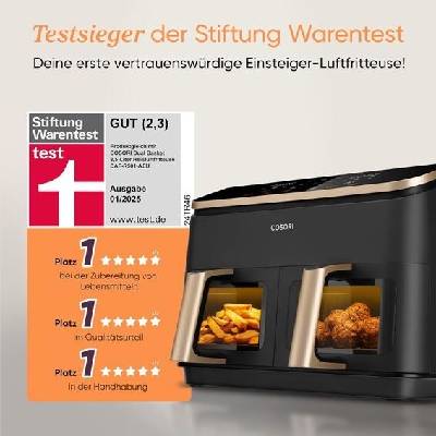 COSORI 2komorová horkovzdušná fritéza, vítěz testu Stiftung Warentest, 6v1 dvouzónová horkovzdušná