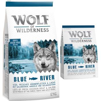 Wolf of Wilderness 12 + 2 подарък! 14 кг Wolf of Wilderness суха храна - Blue River сьомга