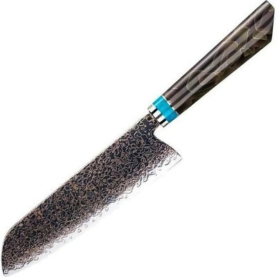 IZMAEL Damaškový kuchynský nôž Zetsu Santoku/Hnedá/Modrá 18.3 cm