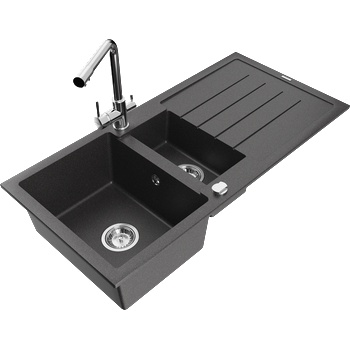 Mexen Andres гранитна мивка, 1, 5-камерна с отцедник и кухненски смесител Duero, черна петниста - 6515-76-671600-00 (6515-76-671600-00)