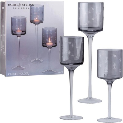 Skleněný svícen na nožičce sada 3ks 90x250/90x300/90x350mm, kouřavá