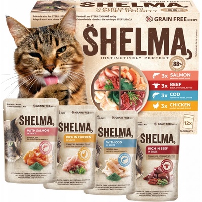 Shelma Cat kuraciecí hovädzie losos treska 12 x 85 g