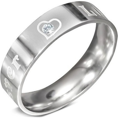 Šperky eshop ocelový prsten nápis FOREVER LOVE a zirkon D8.15