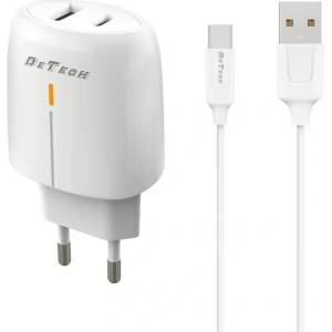 DeTech Мрежово зарядно устройство DeTech DE-63C, 5V/2.4A, 220V, 2 x USB, С Type-C кабел, 1.0m, Бял - 40550