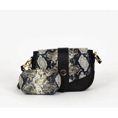 BAGGER Dámska kožená crossbody kabelka 2 v 1 s kozmetickou taštičkou čierna s hadím vzorom