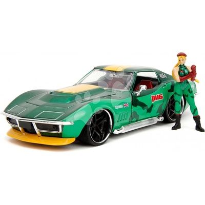 Jada Autíčko Chevrolet Stingray 1969 Street Fighter kovové s otvárateľnými časťami a kovová figúrka Cammy White dĺžka 20 cm 1:24